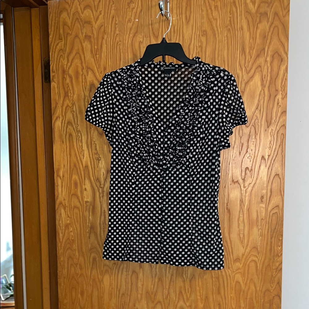 INC International Concepts Black and White Polka Dot Ruffle V-Neck Blouse - Picture 1 of 5